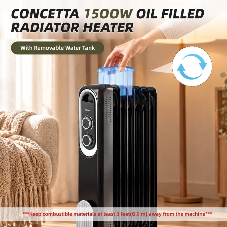 CONCETTA 1500W Oil Filled Radiator Space Heater, Black photo 4