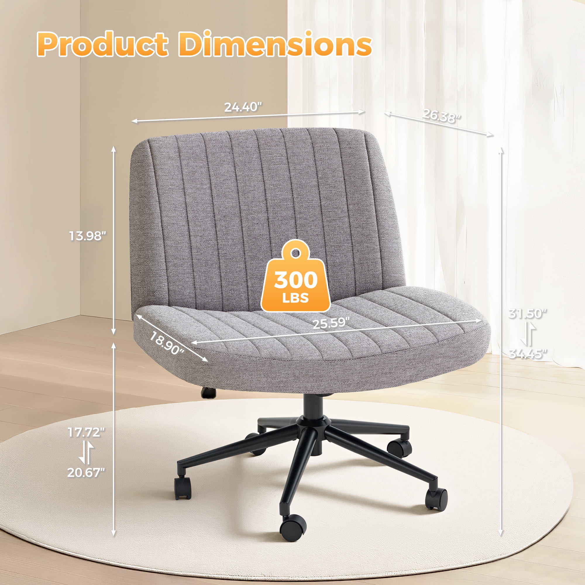 Office Chair Armless Criss Cross Legged Chair with Wheels, Comfy Home Office Desk Chairs, Adjustable Swivel Padded Fabric Vanity Task Computer Chair,Gray