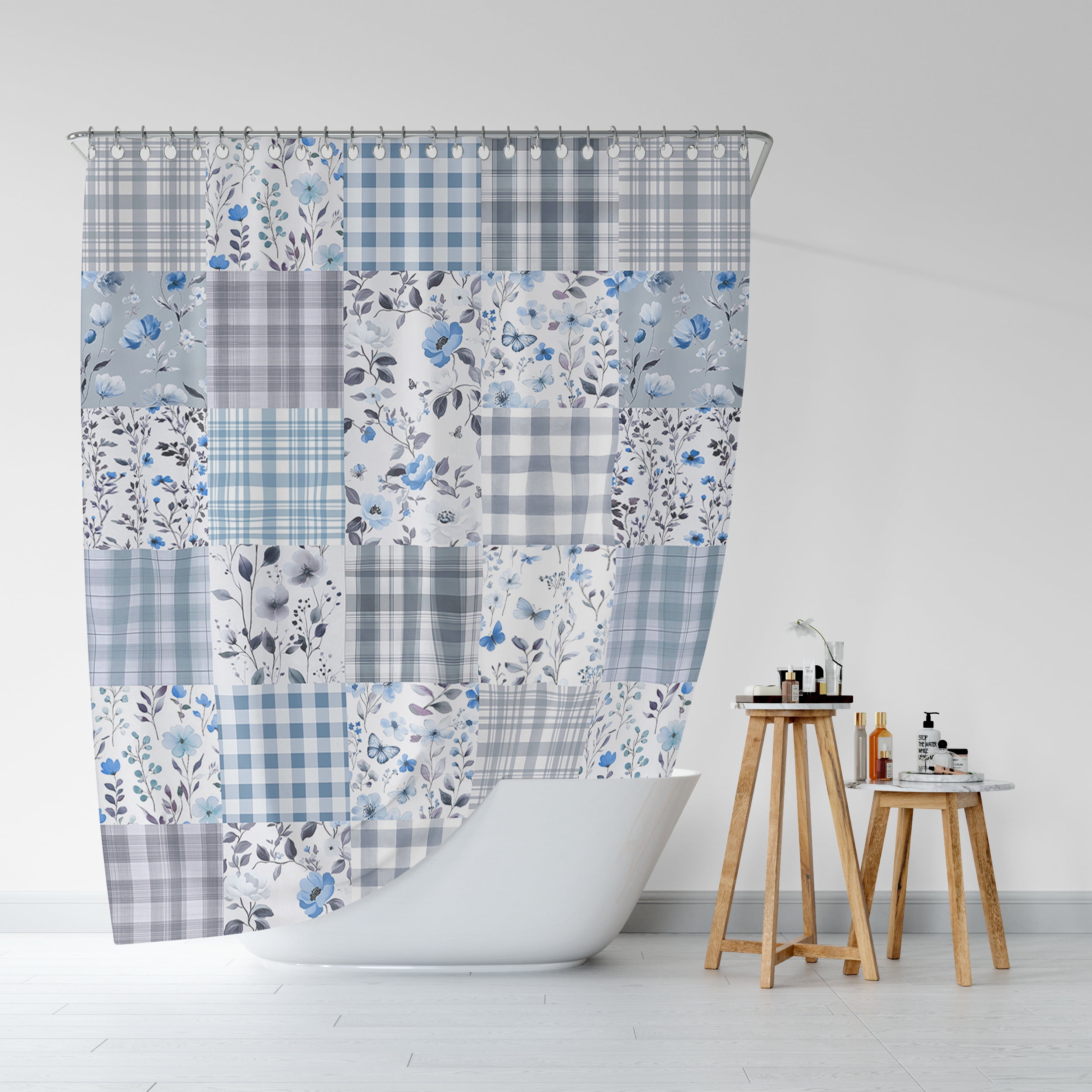 Cute Plaid Floral Shower Curtain, Boho Blue Flower Fabric Shower Curtains for Bathroom, Retro Blue Floral Checkered Patchwork Bath Curtain Set Washable Waterproof with 12Hooks,70X75in