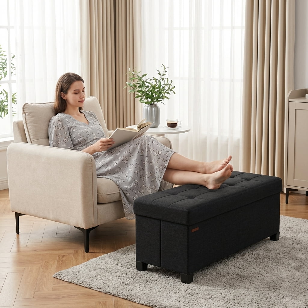 LEDREM 43" Storage Ottoman Bench with 660lb Capacity, End of Bed Bench, Folding Ottoman with Storage, Footrest, Ink Black