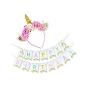 LaRibbons Gold Unicorn Headband and Happy Birthday Banner Unicorn Party Supplies,for Birthday Party, Baby Shower, Kids Party Decoration