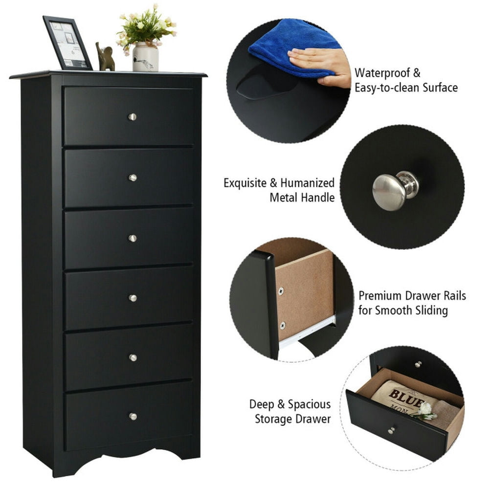 Finihen Storage Cabinet, Bathroom Floor Cabinet, 6 Drawers Chest Dresser Clothes Storage Bedroom Furniture Cabinet, for Bathroom, Living Room, Bedroom, Black
