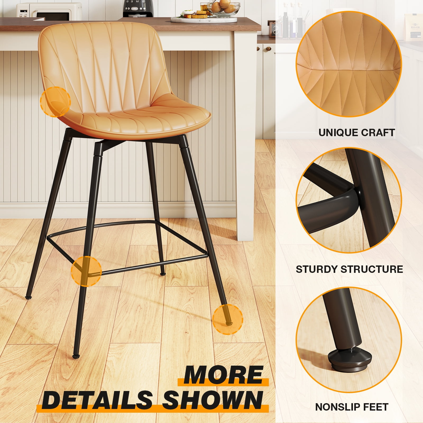 TAVR Modern 30" Swivel Bar Stools Set of 2 with Back & Footrest, Upholstered Counter Height Bar Chairs for Kitchen Island, PU Leather in Brown