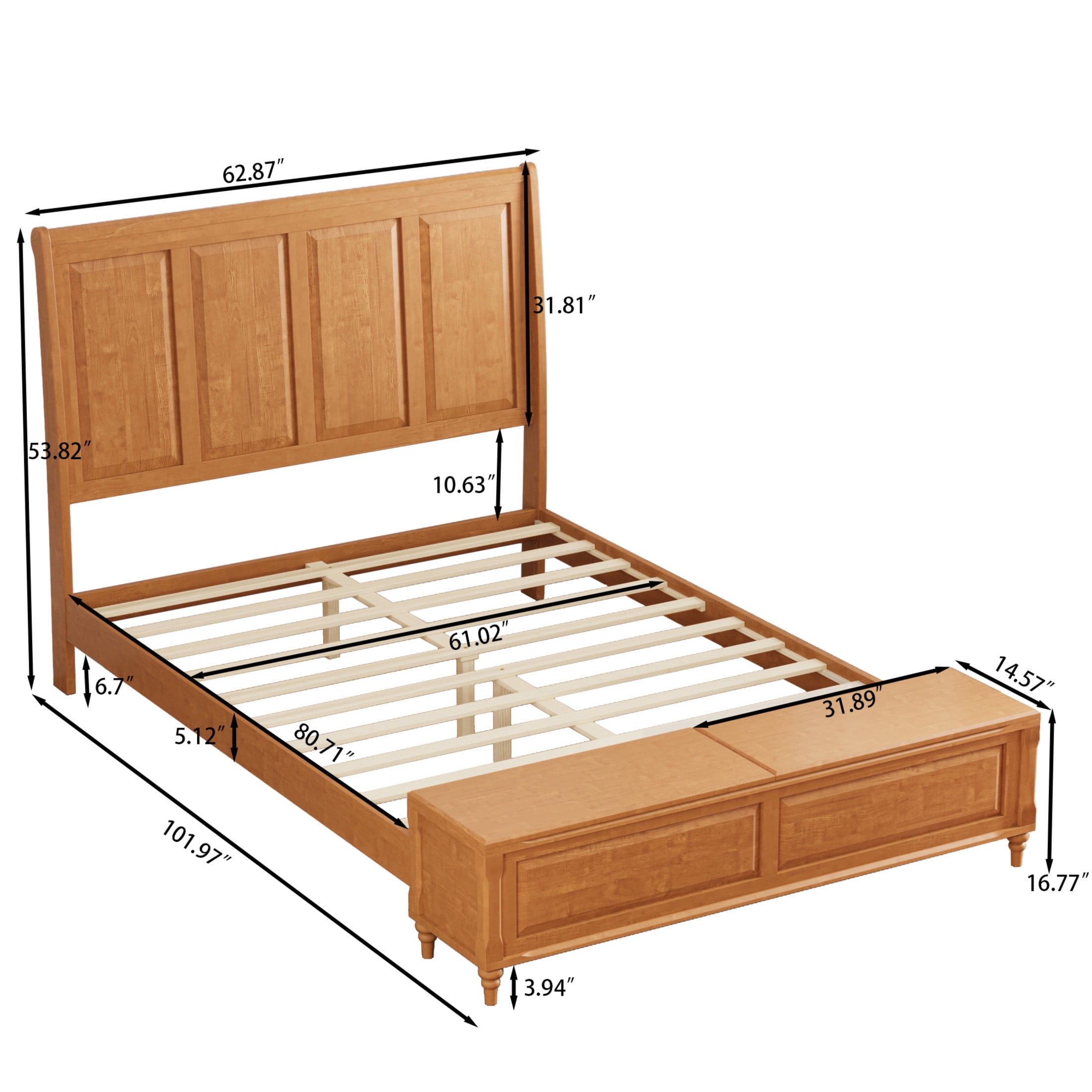 GDF Studio Queen Size Solid Wood Sleigh Bed with Tall Headboard and Storage Bench, Natural