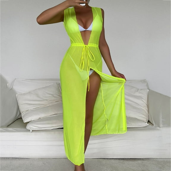 Women Bikini Drawstring Waist Knot Mesh Cover Up Without Lingerie V-Neck Split Fork Dress Beach Wrap Bikini Shiny Wraps Cover Ups For Swimwear Skirt Swimsuit Cover up Mesh Skirt Cover up Boys Swim