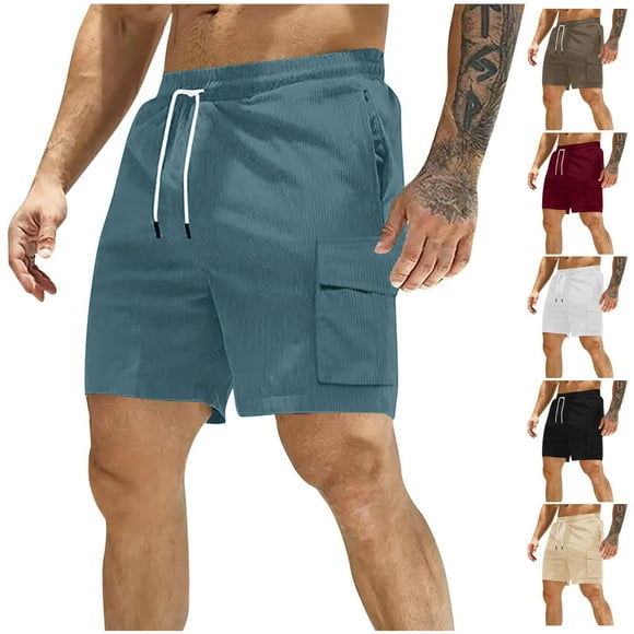 BADHUB Drawstring Corduroy Cargo Shorts for Men Casual Elastic Waist Work Shorts Solid Color Loose Outdoor with Pocket Clearance Black S