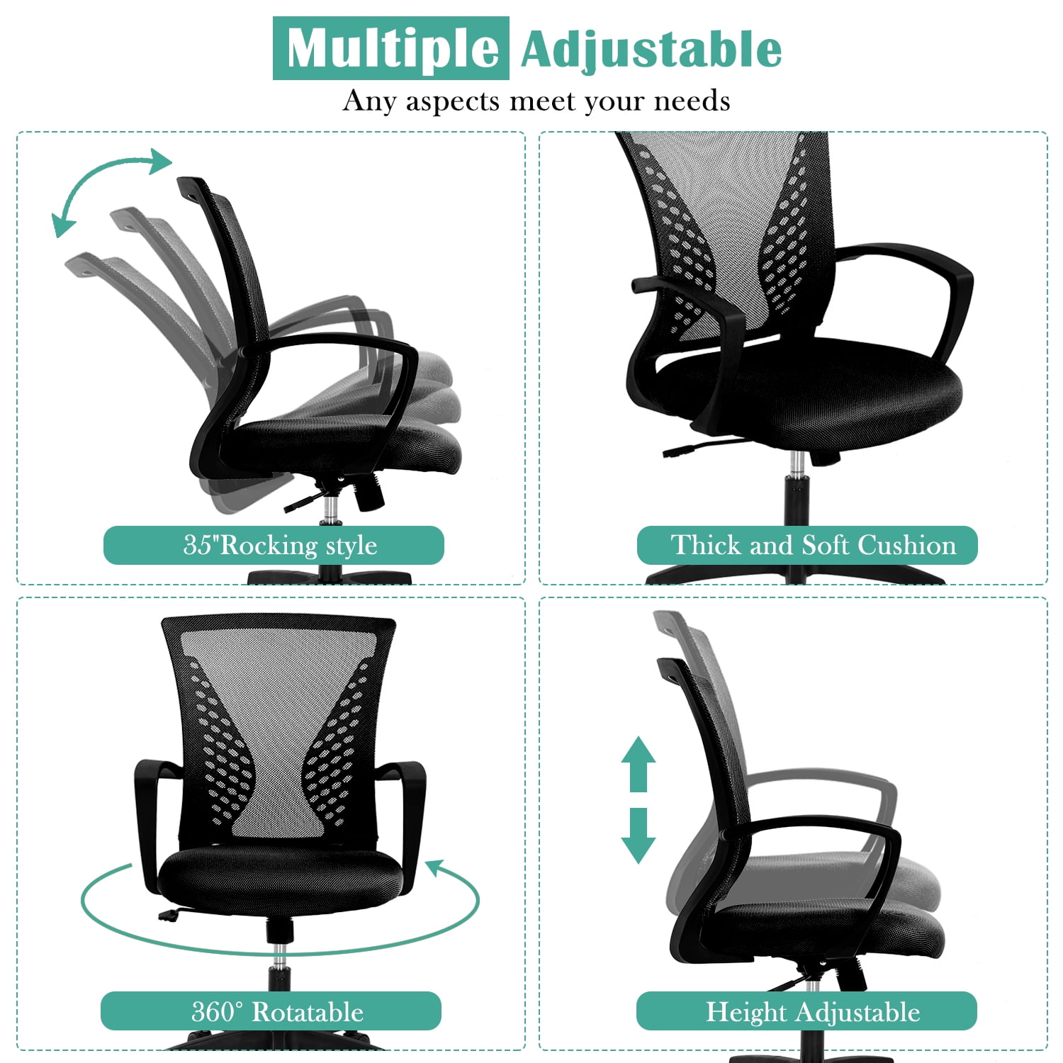 Office Chair Ergonomic Mid Back Desk Chair with Lumbar Support, Adjustable Rolling Swivel Mesh Chair Comfortable Seat for Adults, Black