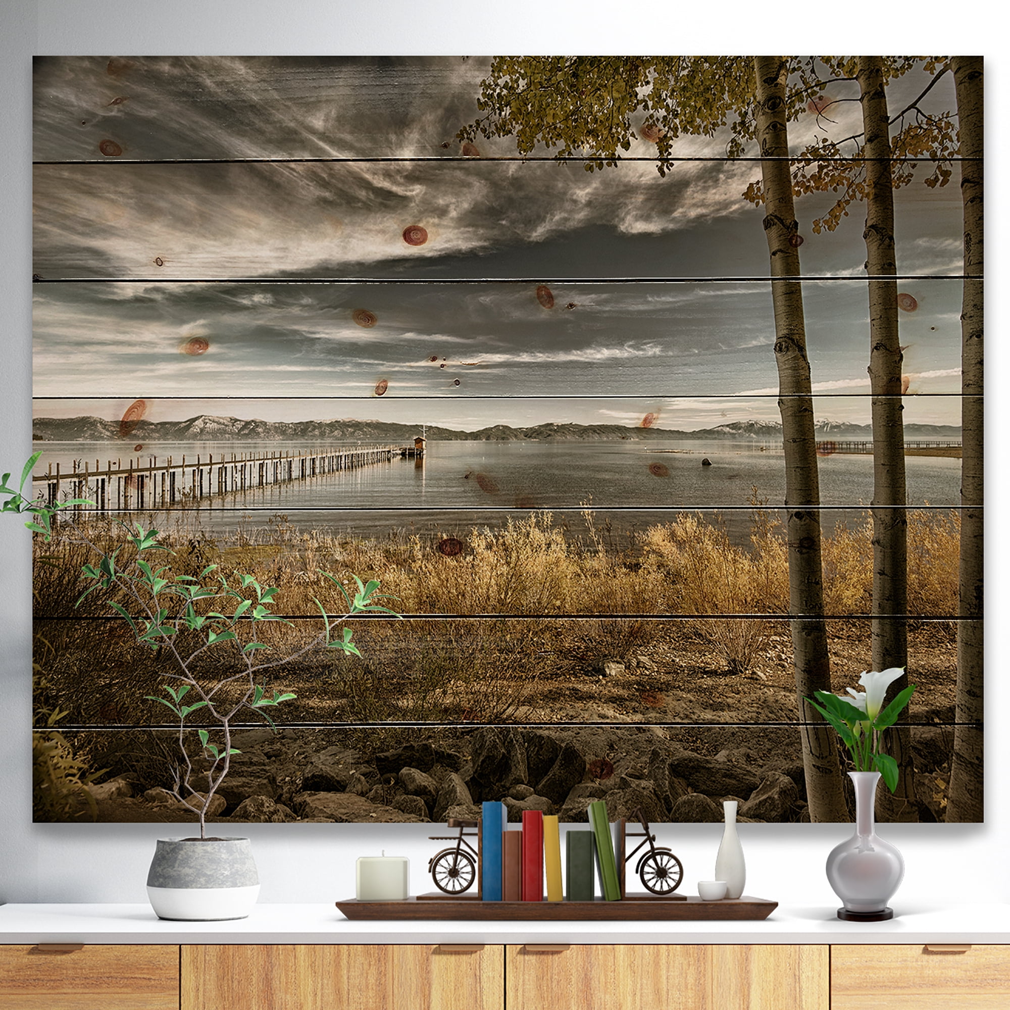 Designart 'Pier in Brown Lake' Landscape Photo Print on Natural Pine Wood