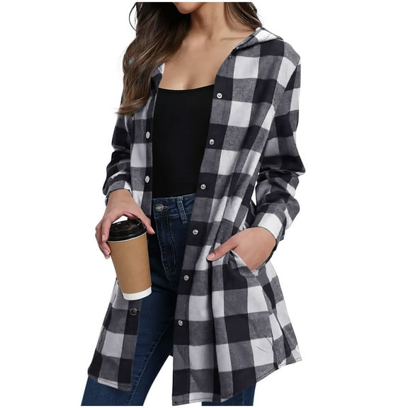 Fmbrln Womens Plaid Shirts Full Button Long Sleeve Shirts Jackets with Hood Fall Fashion Casual Blouse Outwear with Pockets