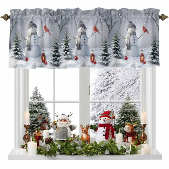 Valance for Windows Kitchen Curtains 42"W x 12"L Winter Snowman Christmas Trees Cardinal Light Filtering Curtain Valances Rod Pocket Curtains for Bedroom Farmhouse Living Room