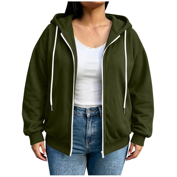 Binmer Women’s Solid Color Zip Up Hooded Sweatshirt Oversized Long Sleeve Casual Jacket,Sizes L-5XL