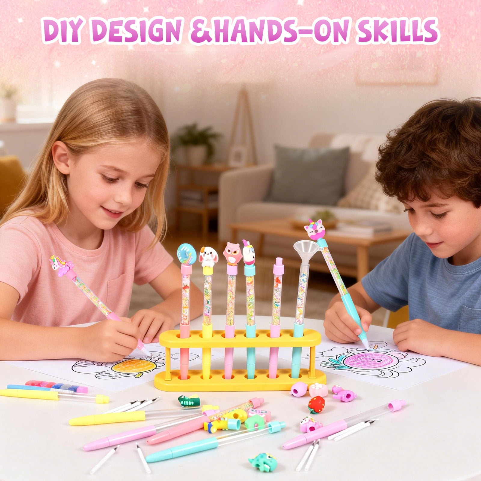 DIY Glitter Gel Pen Making Kit Creative Glitter Pen Craft Kit with 20 Replacement Refill 2 Funnel 2 Spoon for 5 to 12 Years Old Girl Boy Plastic Colorful