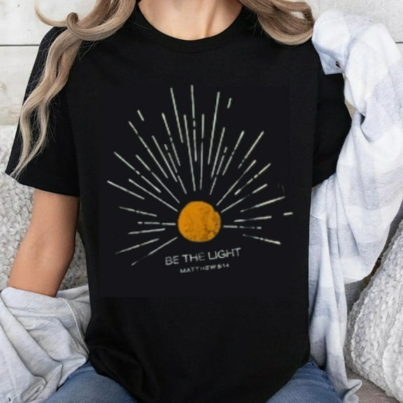 100% Cotton Be The Light Matthew 5 14 Christian T-Shirt Inspirational Bible Verse Sunburst Design Women's Black Tee Shirt