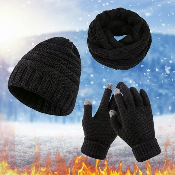 Alitao Beanie Scarf for Women Warm Wool Hat Scarf Gloves Slouchy Three Pieces Winter Snow Knit Cap Screen Mittens Scarves Sets Features Winter Hats Gloves for Cold Weather Black One Size
