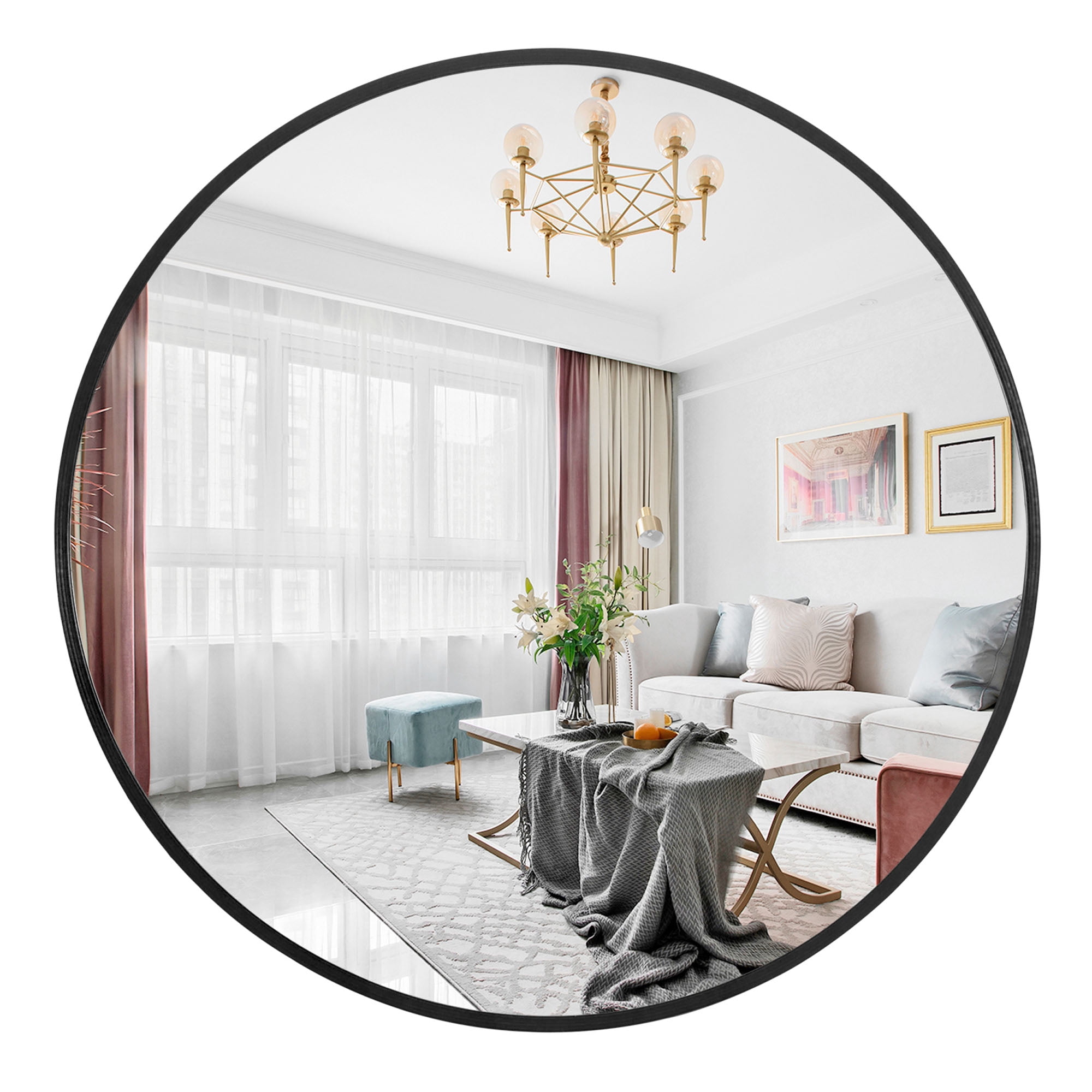 Round Wall Mounted Mirror Circle Metal Frame Black 20"