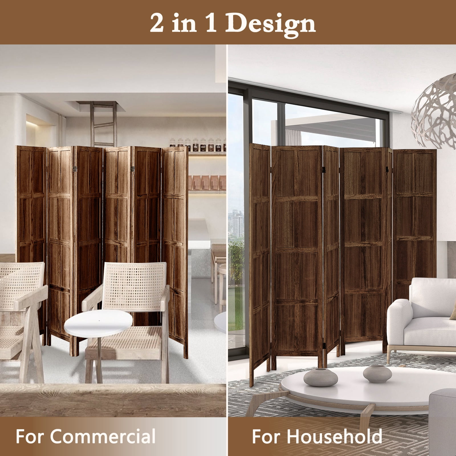 Aletheiawu 6 Panel Room Divider Wall and Folding Privacy screen, No Installation Require, Dark Brown