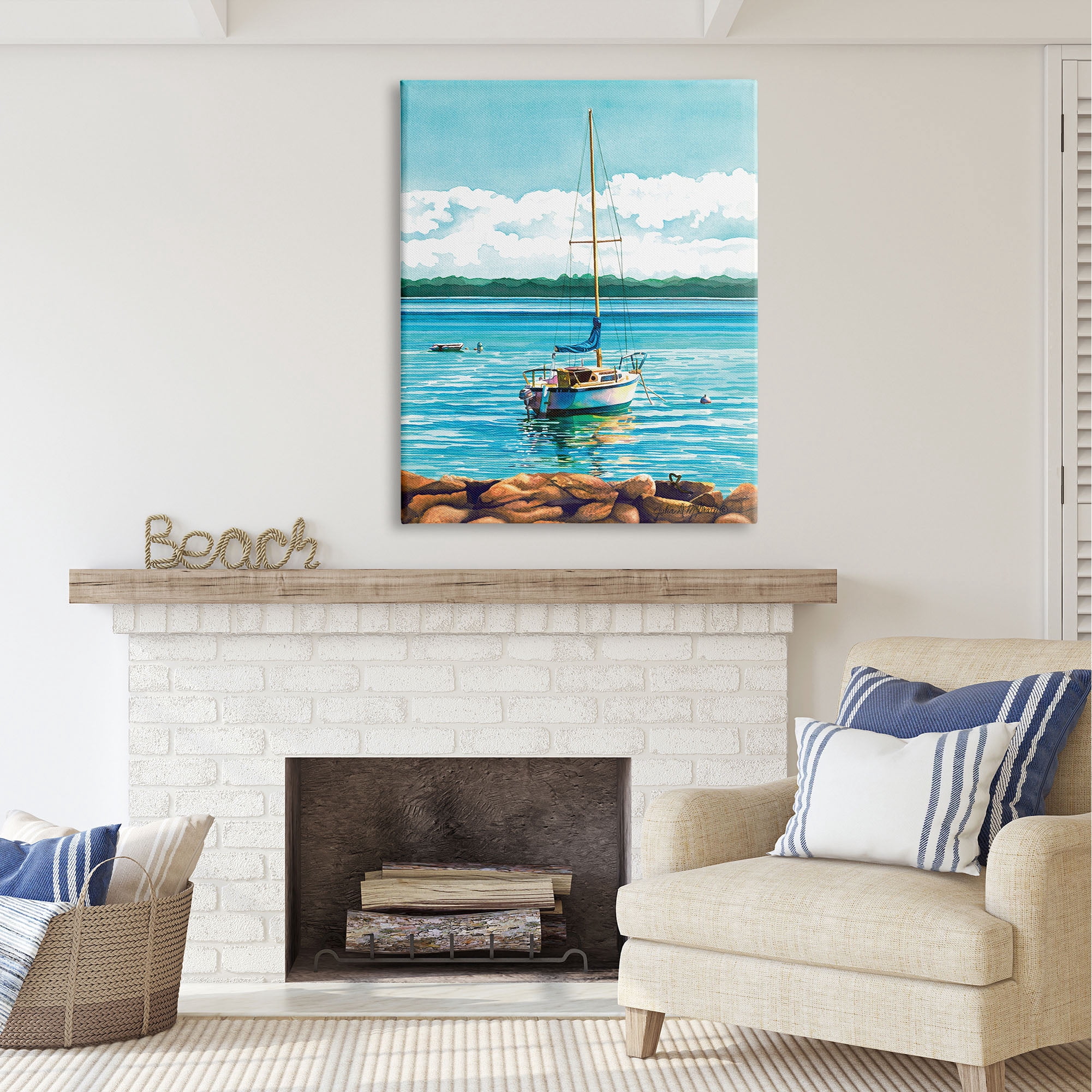 Stupell Industries Sailboat Rocky Shoreline Nature Painting Gallery Wrapped Canvas Print Wall Art, 36 x 48