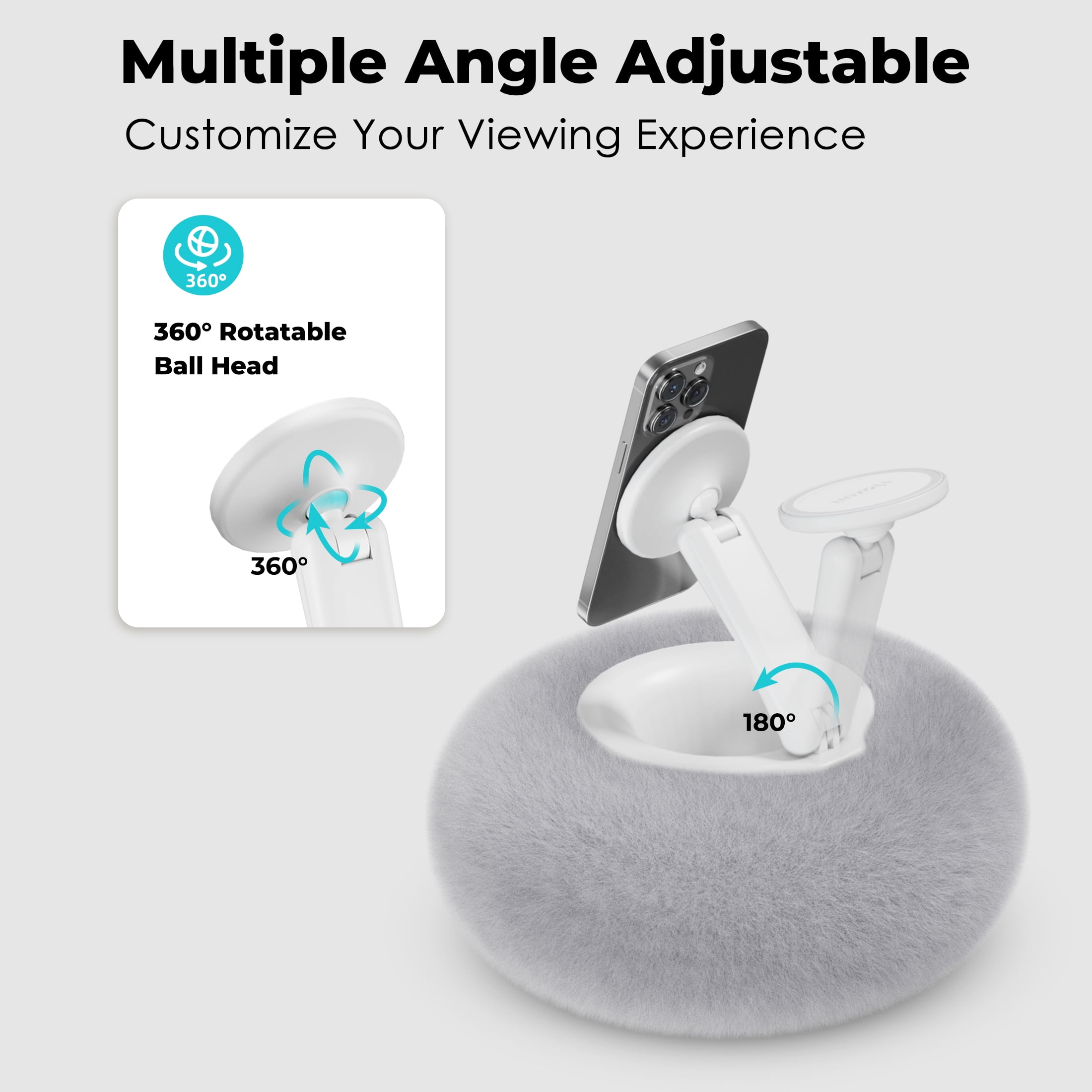 Viozon Phone Holder for Bed, Magnetic Pillow Stand, Compatible with 4-7" devices with Small Storage,Grey