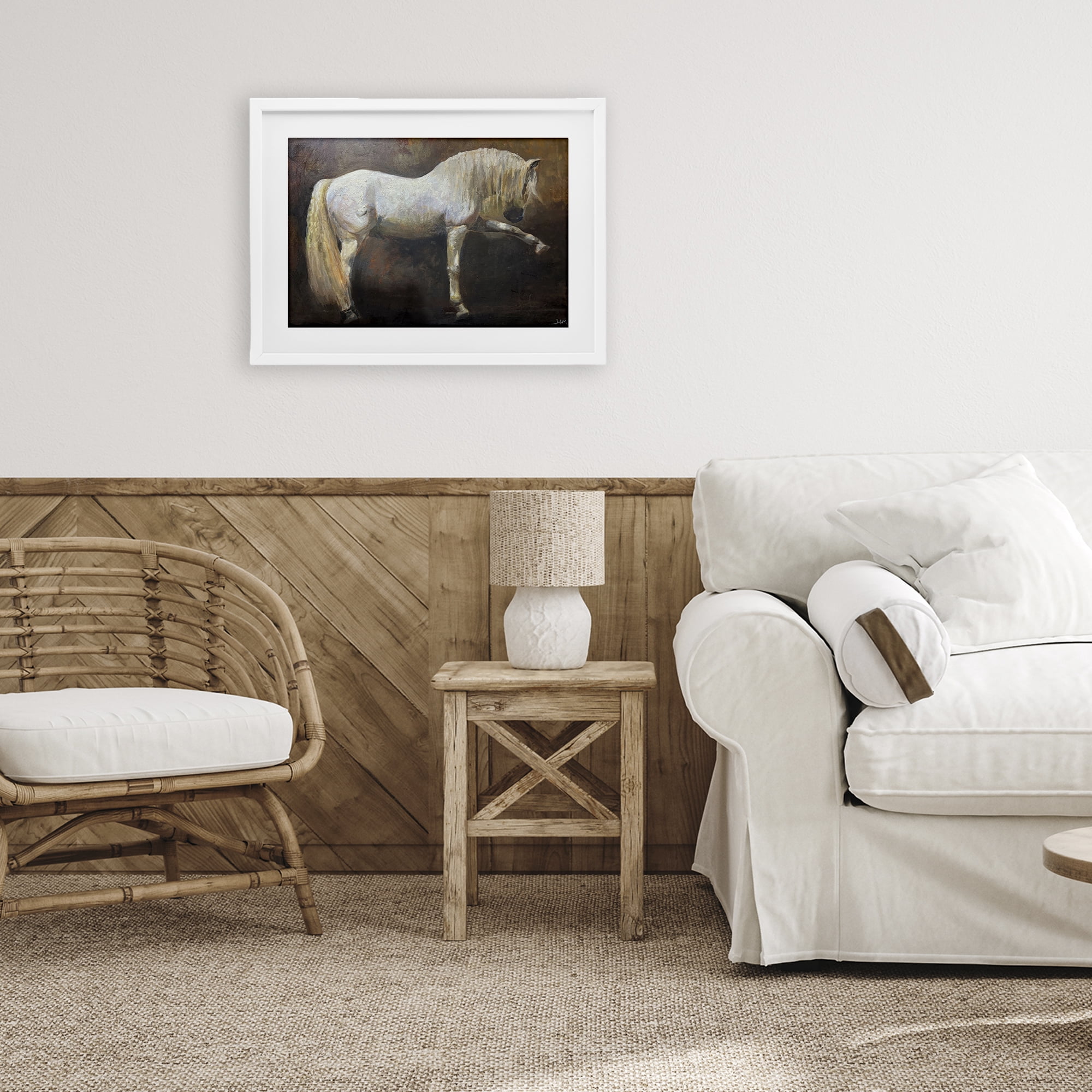 Stupell Industries Elegant White Stallion in Motion White Framed Print Under Glass, design by Hilary McCarthy