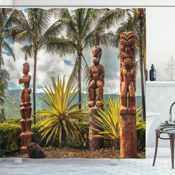 Ambesonne Hawaii Shower Curtain, Tiki and Palm Trees, 69"Wx84"L, Brown Green