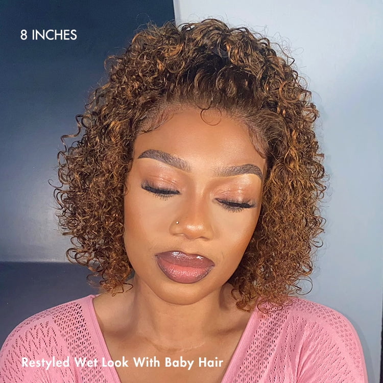 LUVME 8" Brown Highlight Short Cut Slicked Back Deep Curly Ear-to-ear Wide T Lace Wig for Women