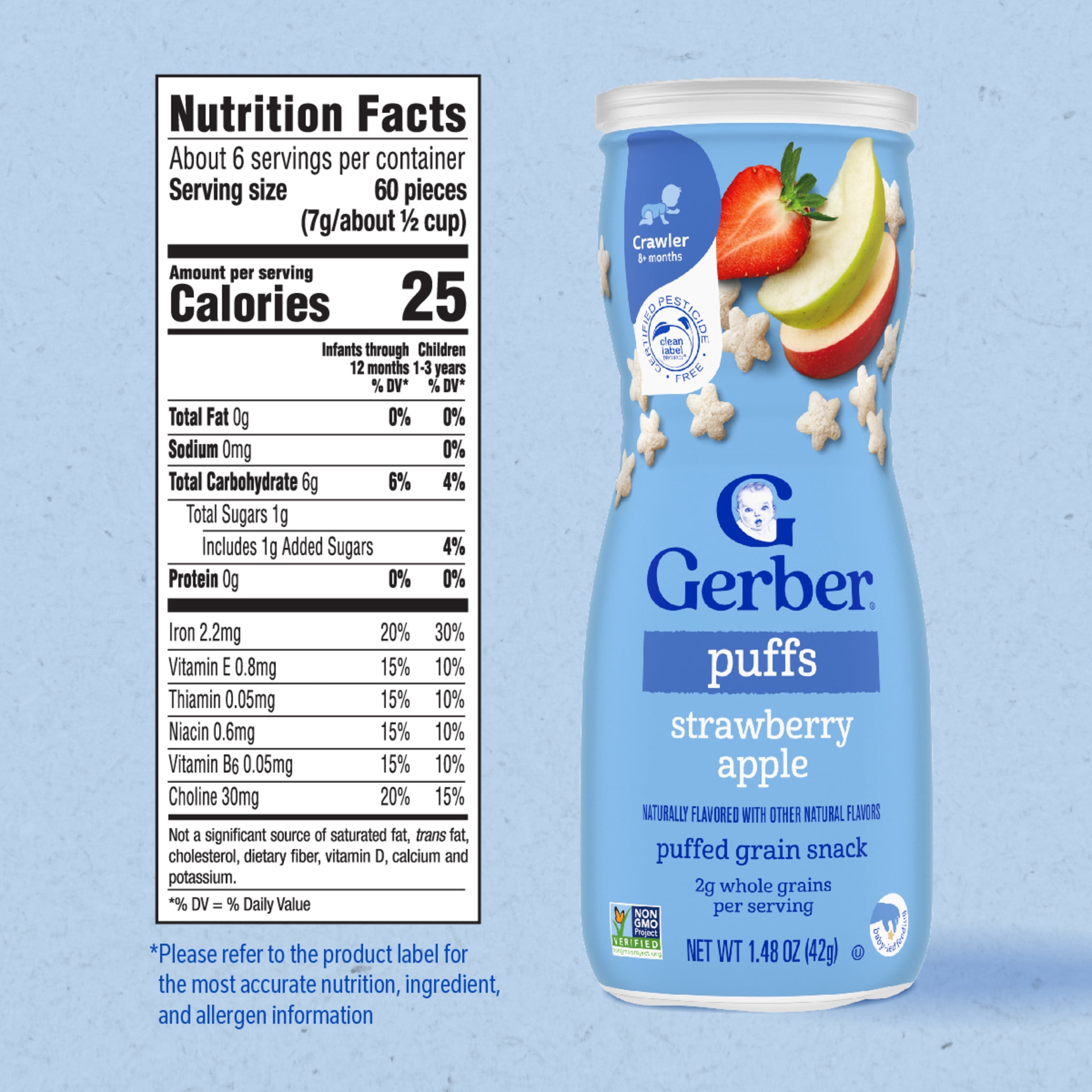 Gerber Baby Snacks, Grain & Grow Puffs, Strawberry Apple, 1.48 oz Canister