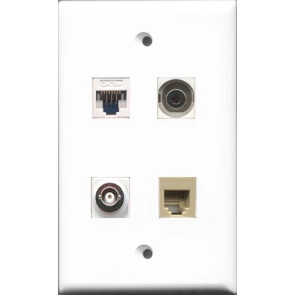 RiteAV - 1 Port Phone RJ11 RJ12 Beige and 1 Port 3.5mm and 1 Port BNC and 1 Port Cat5e Ethernet White Wall Plate