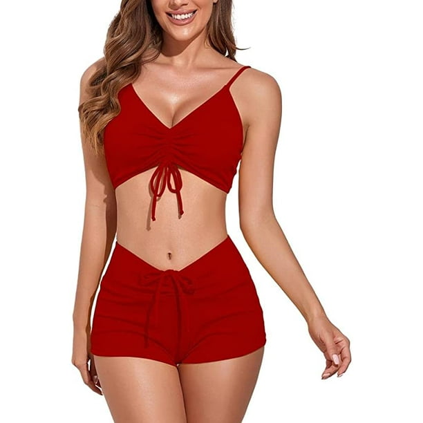 Traje de bano de una pieza Traje de bano de dos piezas para mujer Traje de bano deportivo Traje de bano de cintura alta Ropa de playa Rojo