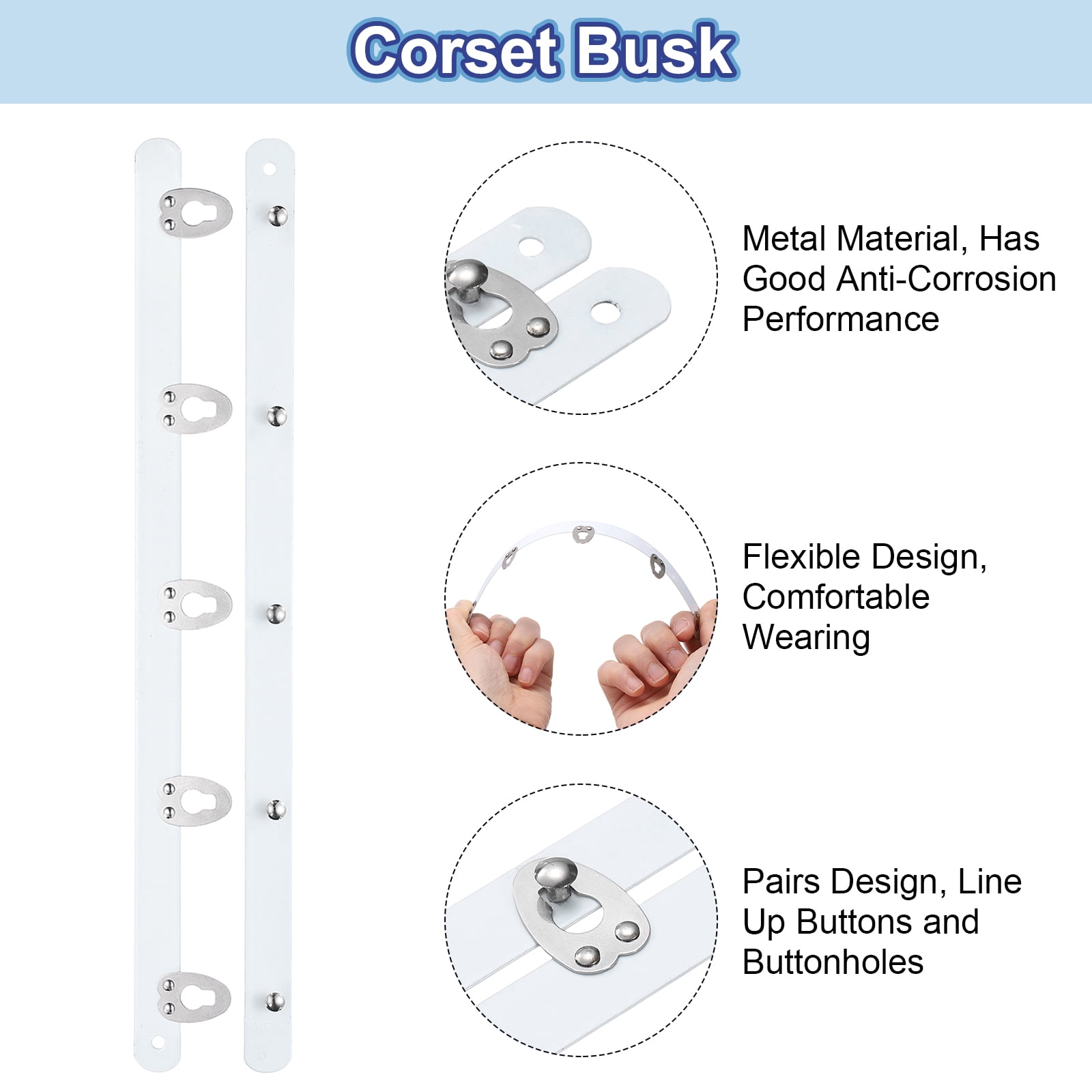 8 Pairs Corset Busk, 9" Metal Spring Steel Boning Support with 5 Buttons 0.5 Width