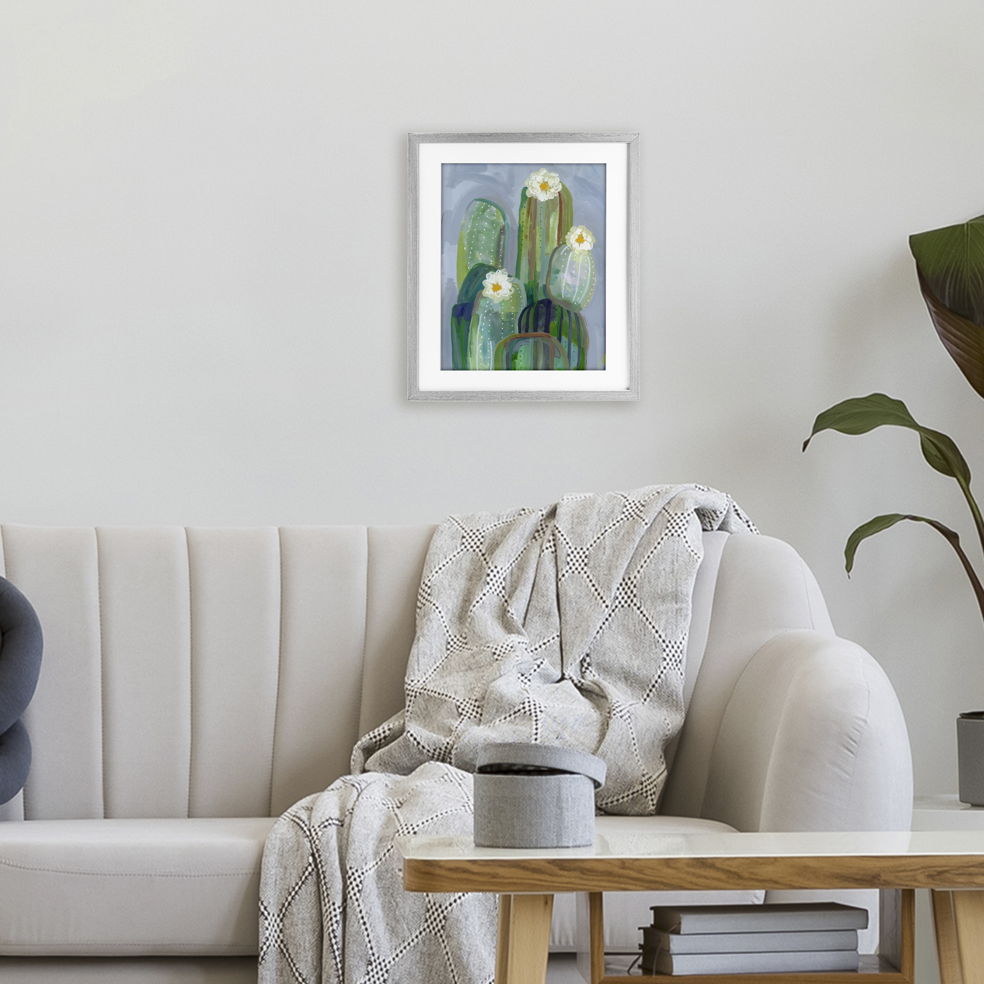 Desert Day Dream Cactus Gray Framed Print Under Glass, design by Ashley Davis