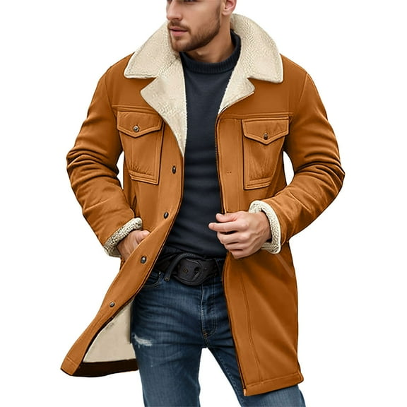FYEGRE Men's Suede Casual Jacket for Autumn Winter Season Lined Warm Outerwear Overcoat Yellow M