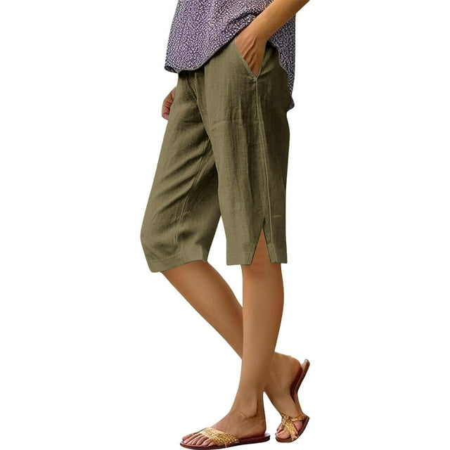 Women's Fashionable Casual Slit With Pocket Cotton Linen Loose Shorts