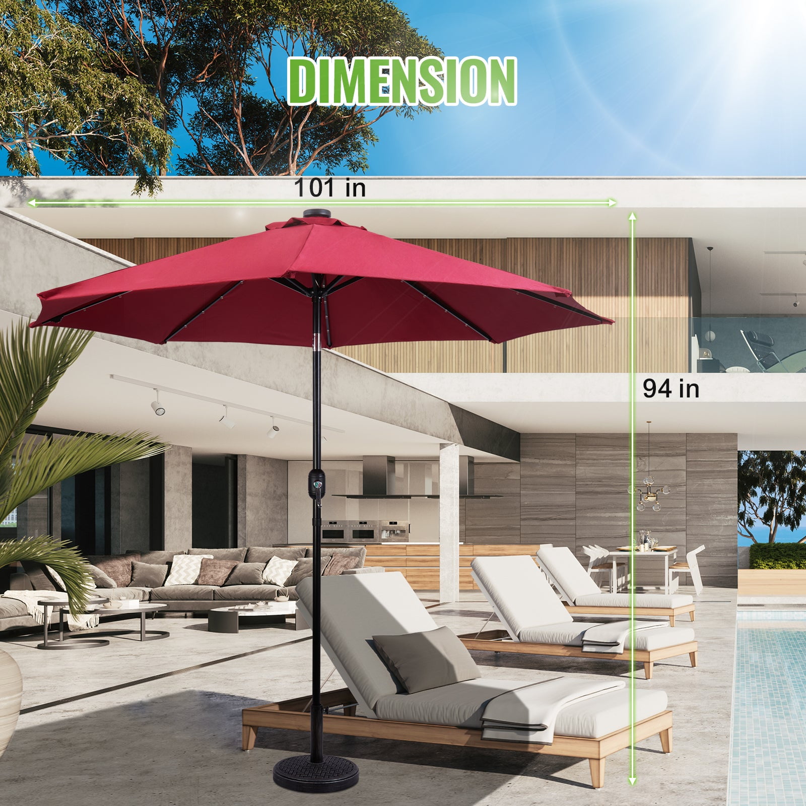 Backyard Expressions 9ft Solar Patio Umbrella with 32 LED Lights – Outdoor Market Umbrella with Tilt & Crank, Solar-Powered Lighting, Water-Resistant Fabric for Patio, Deck, Garden, Pool