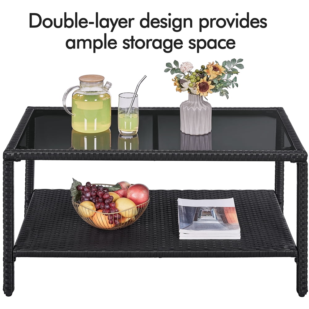 Yaheetech 2-Layer Outdoor Wicker Coffee Table with Tempered Glass Top, Gray