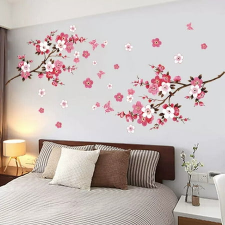 WEISIPU Pink Cherry Blossom Tree Flower Wall Stickers
