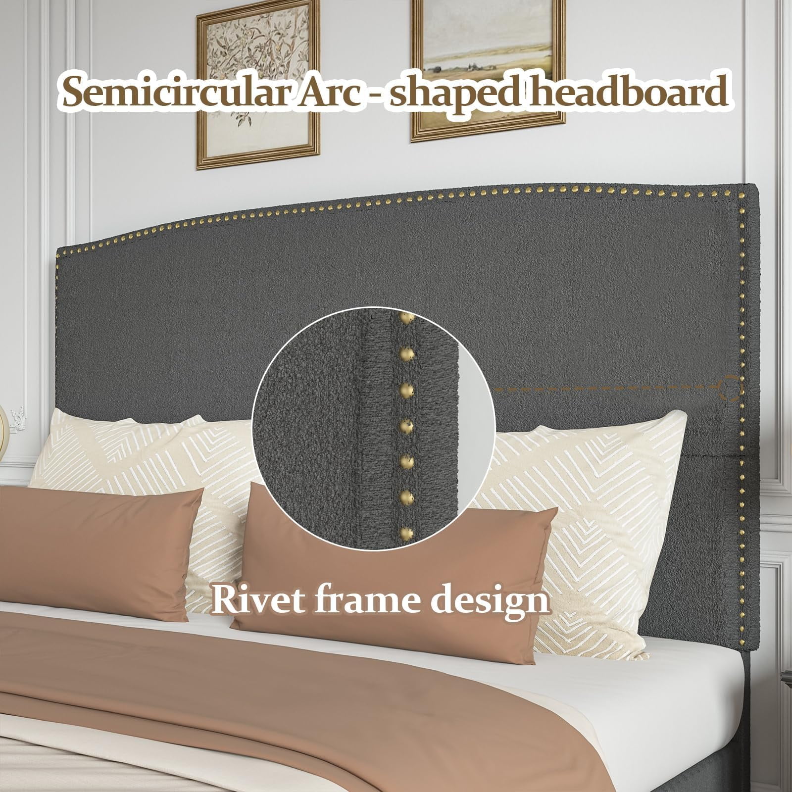 4 EVER WINNER Queen Bed Frame with 56" Tall Headboard, Queen Size Bed Fwith Nailhead Trim Headboard, Queen Upholstered Platform Bed, Grey