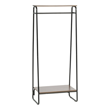 Deluxe 2 Piece Wall Rack - IRIS Metal Garment Rack with 2 Wood Shelves, Black and Dark Brown