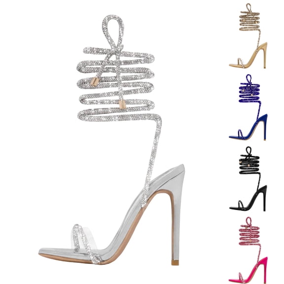 Womens Stilettos High Heel Strappy Gladiator Sandals Square Open Toe Lace up Heeled Dress Shoes Pumps Silver Size 7.5