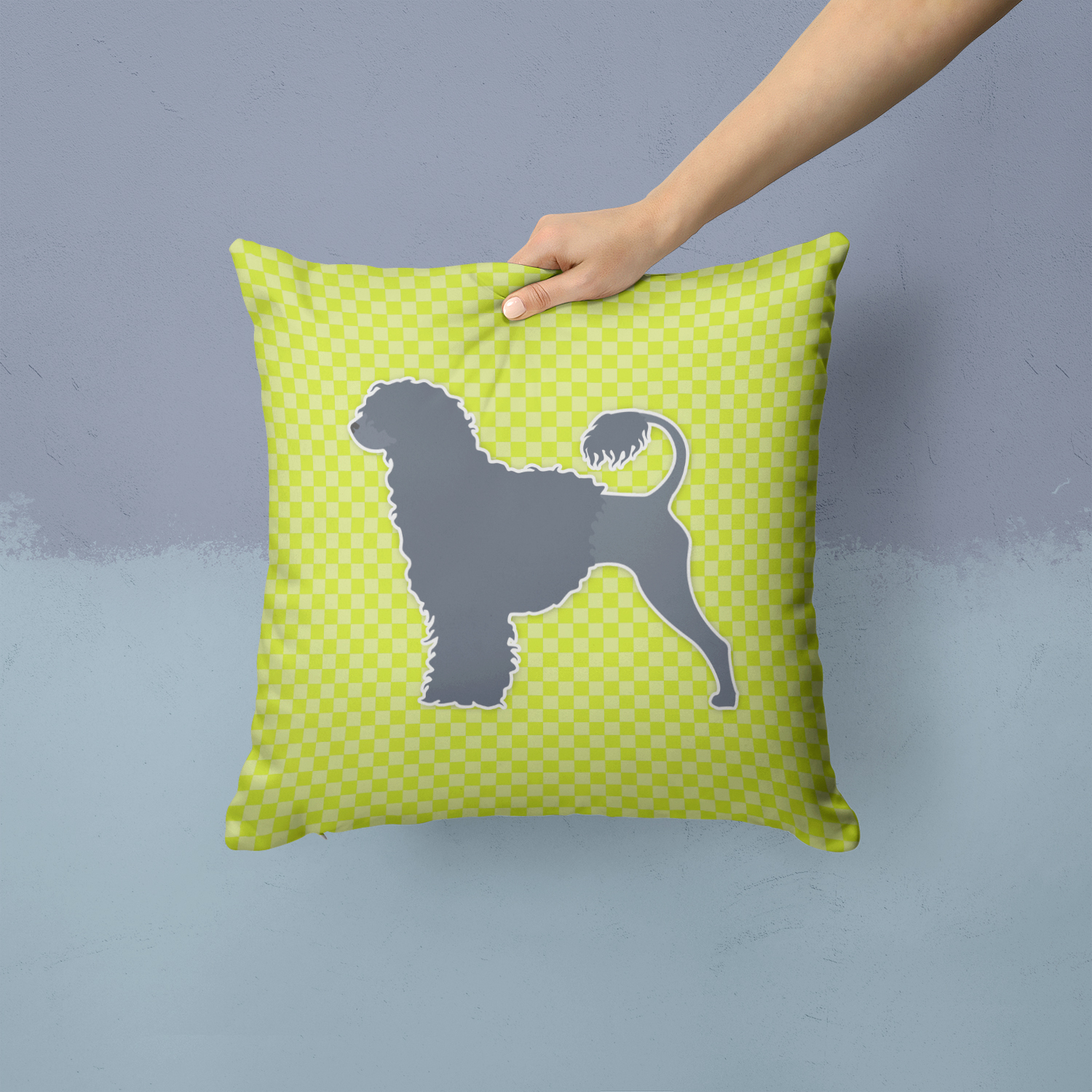 Carolines Treasures BB3868PW1414 Portuguese Water Dog Checkerboard Green Fabric Decorative Pillow
