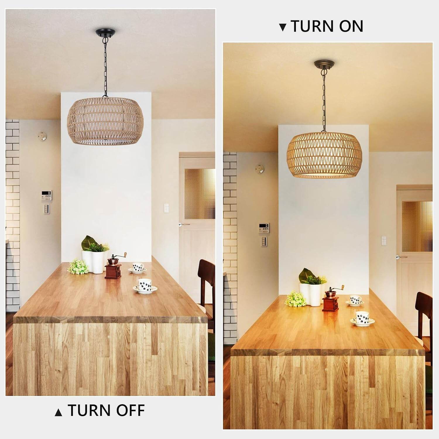 18.9" Rattan Farmhouse Chandelier - 5-Light Boho Pendant Light with Adjustable Height (18.9"W x 9.8"H)