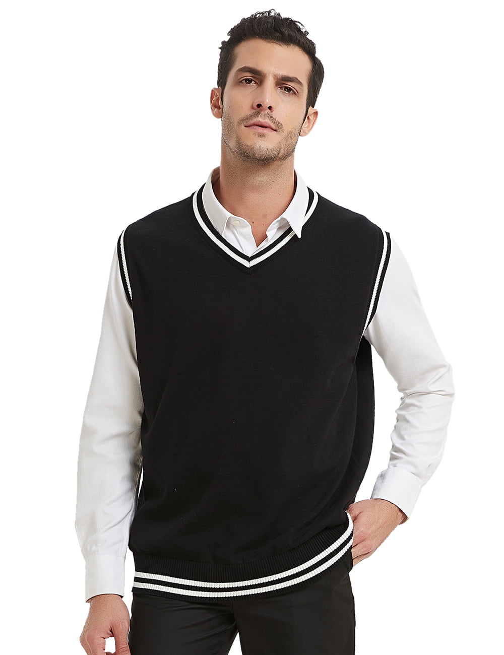 Toptie Mens Sweater Vest Black And White Trimmed V Neck Soft Knit