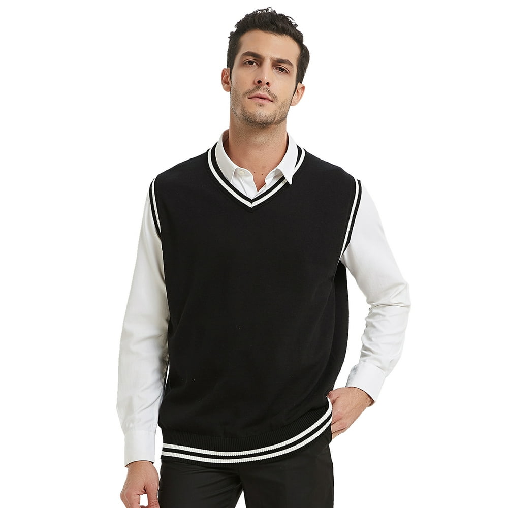 Toptie TOPTIE Mens Sweater Vest, Black and White Trimmed VNeck Soft