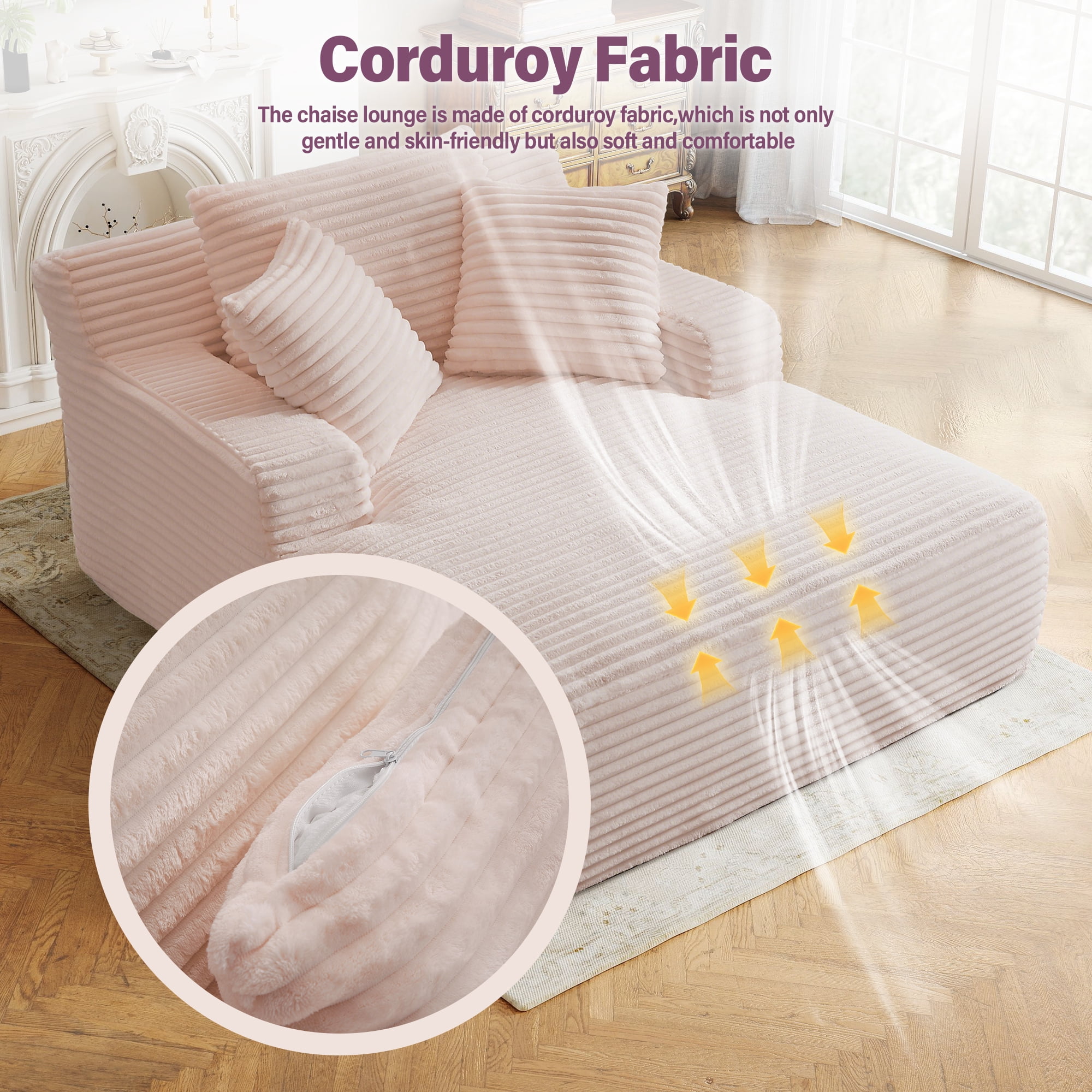 Aukfa Corduroy Chaise Lounge Chair, Oversized Indoor Lounger Floor Sofa Bed for Living Room, Bedroom, Small Space,Pink