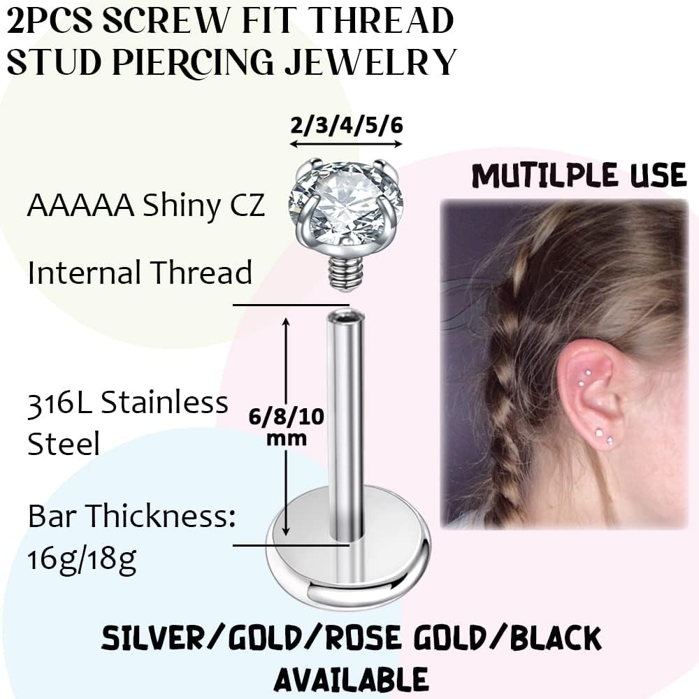 16G/18G Surgical Steel Internal Thread Cz Stud Piercing Jewelry For Tragus/Nose/Helix/Conch/Medusa/Lip/Labret - Helix Tragus Cartilage Earring For Women Men 2Pcs[Z2713]