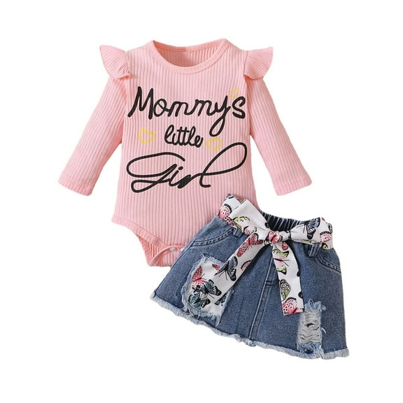 WIBACKER 0-18M Baby Girls Ruffle Long Sleeve Romper Butterfly Ripped Denim Skirts Casual Outfit Clothes