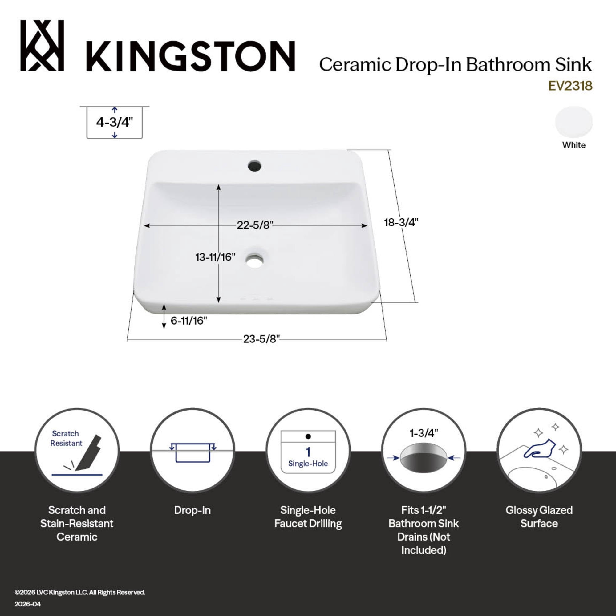 Kingston Brass EV2318 Century 23-Inch Rectangular Ceramic Drop-In Bathroom Sink (Single Hole) in White