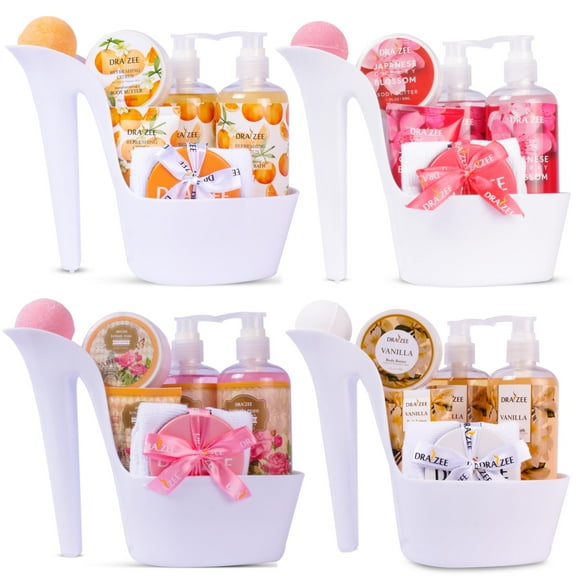 Set of 4 Draizee 32 Pcs Luxury Heel Shoe Spa Baskets - Rose, Cherry, Citrus, Vanilla Scented Bath Gift Set for Women #1 Mother's Day Gift Set w/ Shower Gel, Bubble Bath, Body Butter & Lotion and More