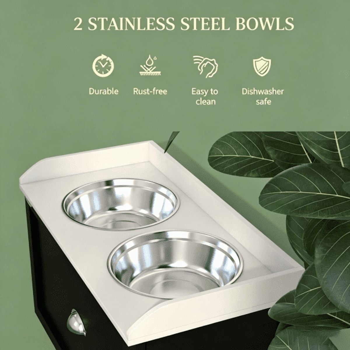 imerelez Elevated Dog Bowl Stand with Storage Drawer, 2 Removable Stainless Steel Bowls, for Large Dogs (Shoulder 19.75"-23.5"), Max Load 33 lbs, White/Black