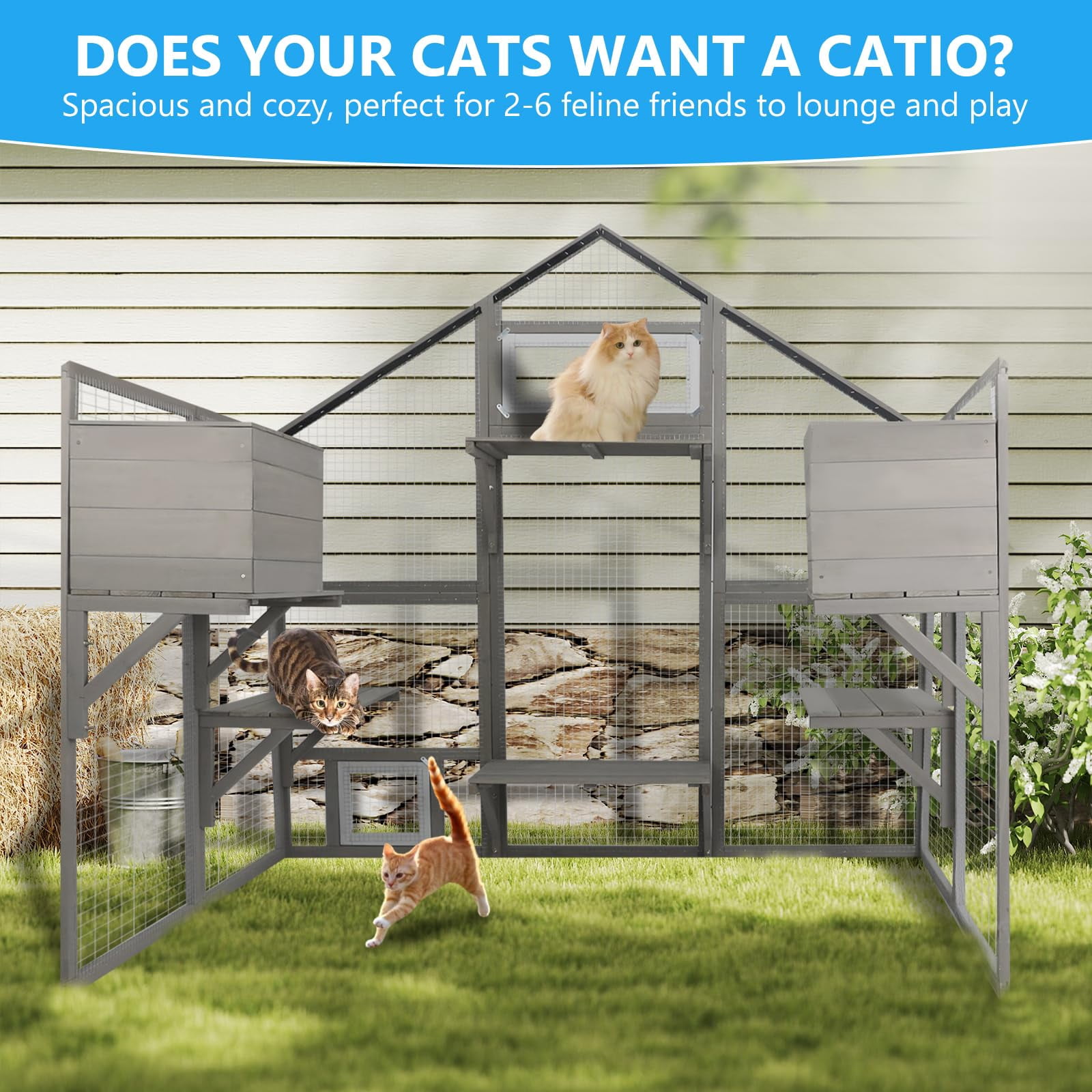 Gowoodhut 69.9" L Catio Outdoor Cat Enclosure for Multiple Cats，Wooden Walk in Cats Shelter Kitty Enclosure