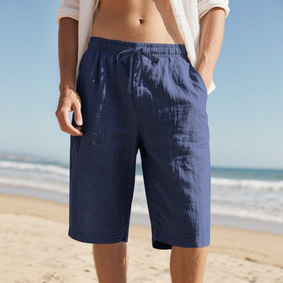 Dwellite Cotton Linen Shorts for Men Casual Elastic Waist Drawstring Summer Vacation Beach Shorts with Pockets Navy S